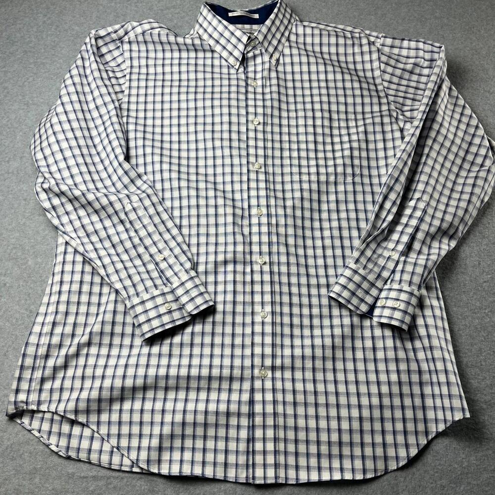 Paul Frederick Button Down Men 17.5x35 White Blue White Checker LS Classic Fit